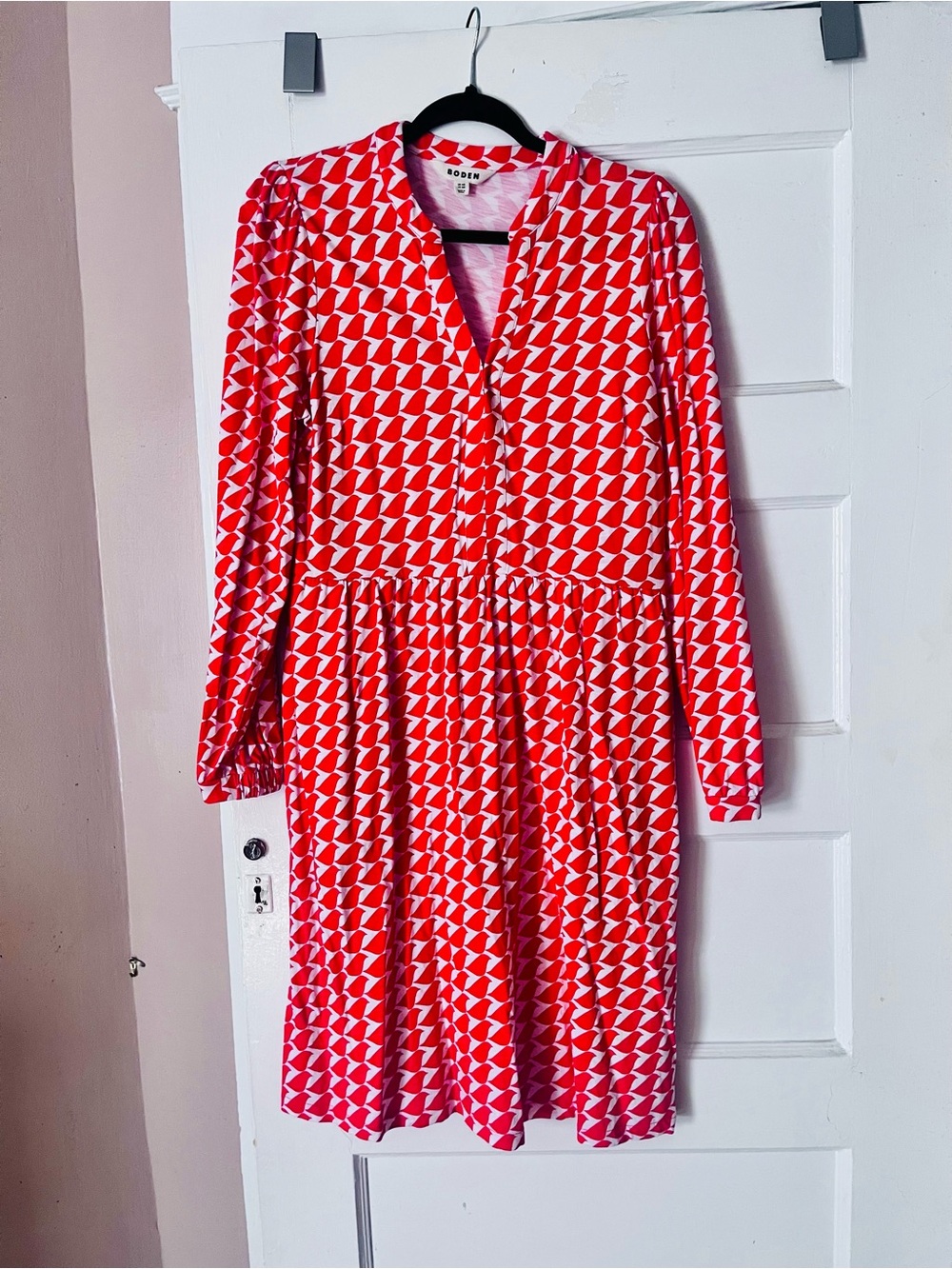 Boden Red & Pink Geometric Print Long Sleeve Jersey Dress Lola
